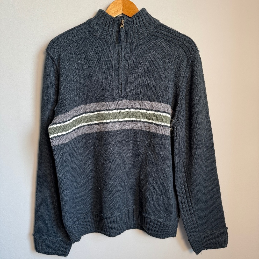 Vintage Midtown Mens Long Sleeve 1/4 Zip Mock Neck Pullover Sweater Green/Gray L